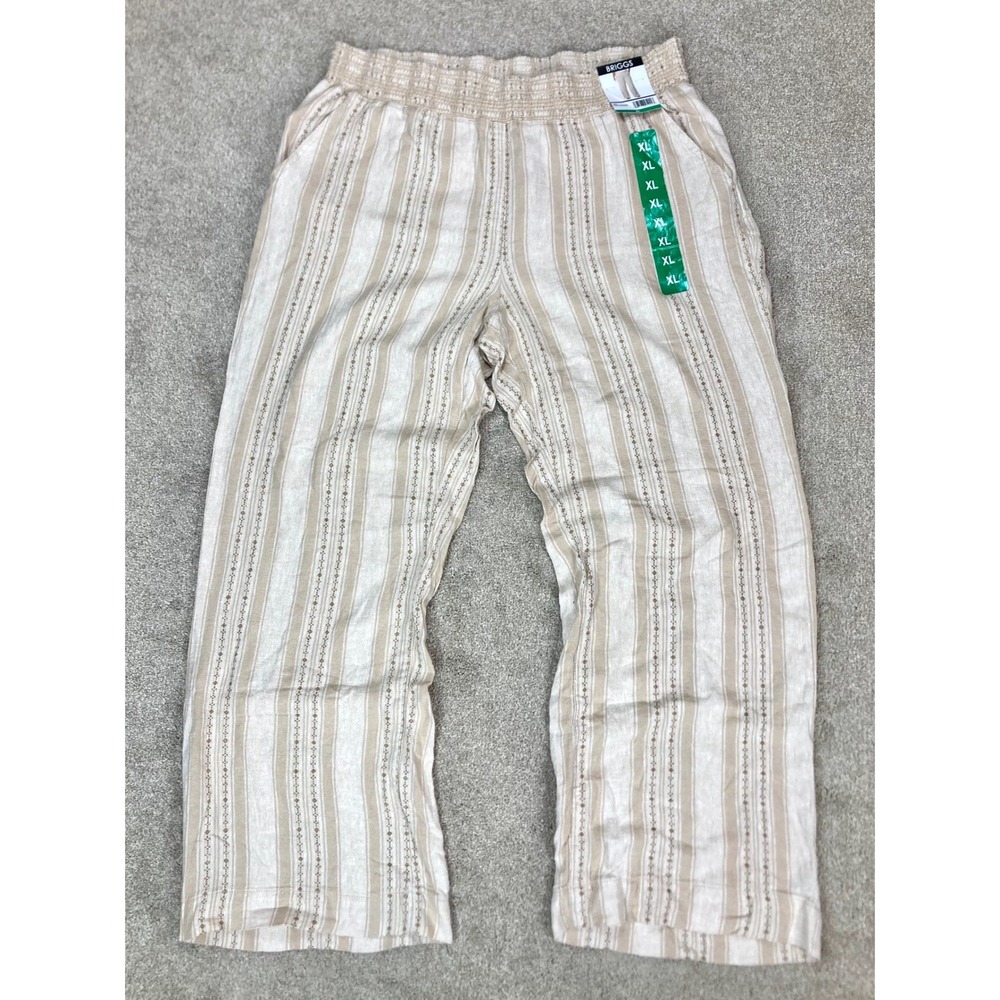Briggs Smocked Waist Linen Blend Striped Wide Leg Pants Size XL Beige Boho Vacay
